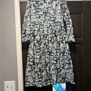 Blue and White Floral Long Sleeve Midi Dress